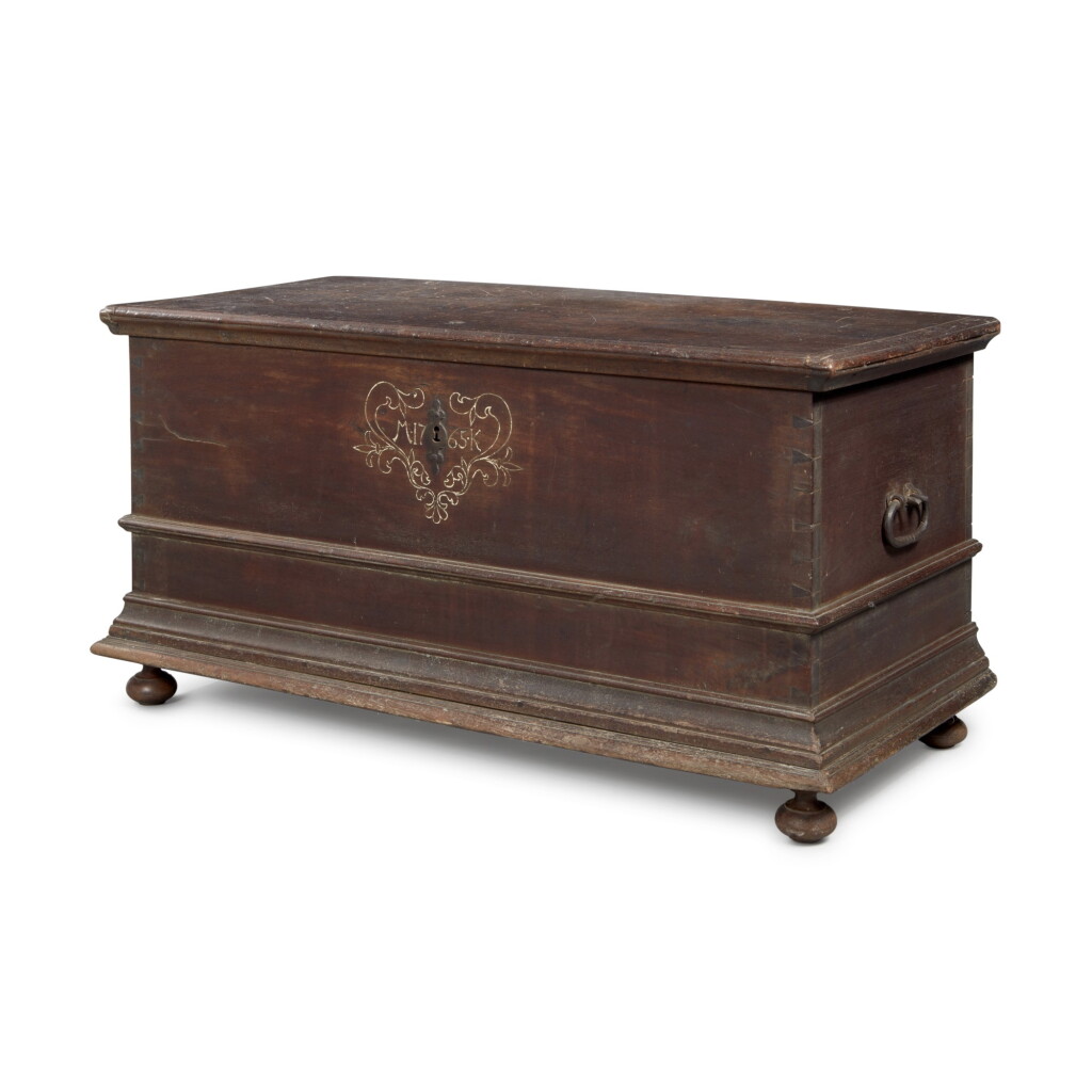 View full screen - View 1 of Lot 501. The Kauffman Family Very Rare Chippendale Sulfur-Inlaid Walnut Blanket Chest, Lancaster County, Pennsylvania, Dated 1765.