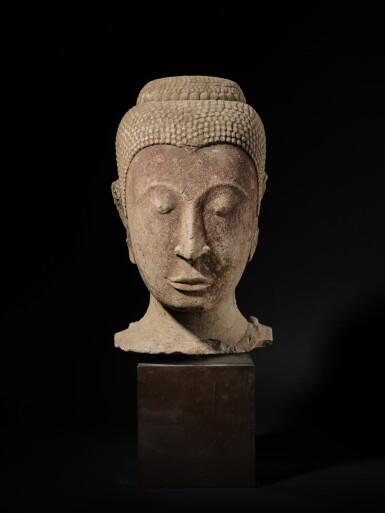 View full screen - View 1 of Lot 193. A large stone head of Buddha, Thailand, Ayutthaya Kingdom, 14th / 15th century .