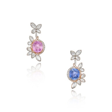 View full screen - View 1 of Lot 48. Pair of Sapphire, Pink Sapphire and Diamond Earrings.