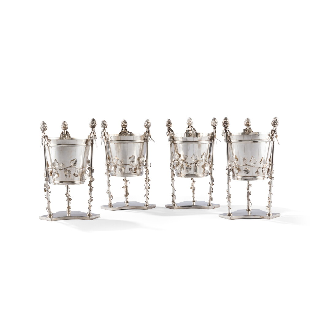 View full screen - View 1 of Lot 52. A set of four German silver wine coolers, Johann Heinrich Stolzheise, Bückeburg, after a design by Count Ernst zu Münster, circa 1815.