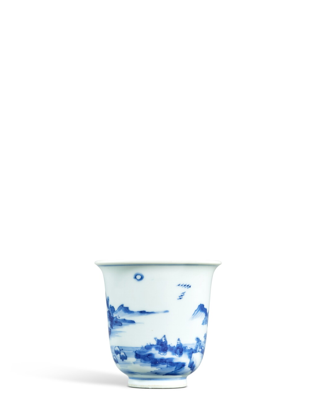 View full screen - View 1 of Lot 3644. A fine and rare blue and white 'landscape' beaker cup, Mark and period of Yongzheng | 清雍正 青花山水高士圖仰鐘式盃 《雍正年製》款.