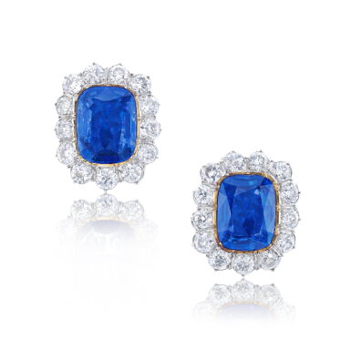 View full screen - View 1 of Lot 765. Pair of sapphire and diamond earrings.