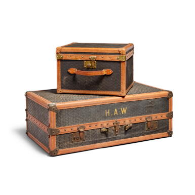 View full screen - View 1 of Lot 133. Set of Two Vintage Goyardine Canvas Wardrobe Trunk Brass Hardware and Vintage Goyardine Canvas Hat Box Brass Hardware.