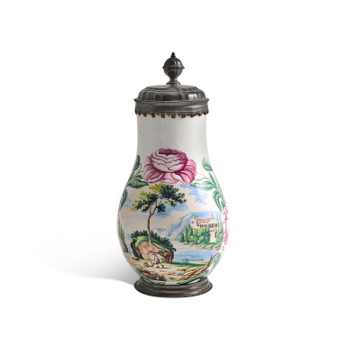 View full screen - View 1 of Lot 65. A German fayence pewter-mounted Hausmalerei tankard and cover (Birnkrug), circa 1690-1700, the jug attributed to Frankfurt, the mount to Nuremberg.