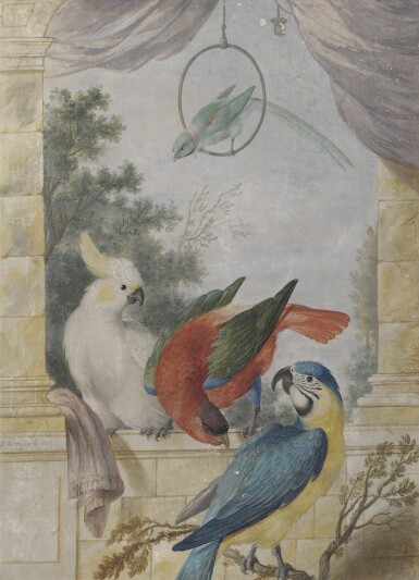 View full screen - View 1 of Lot 855. Johannes Bronckhorst | A COCKATOO, TWO PARROTS AND A PARAKEET.