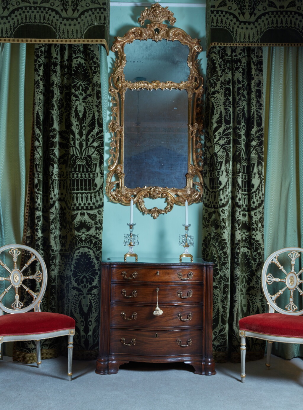 View full screen - View 1 of Lot 33. Two pairs of green velvet curtains with matching pelmets, together with two pairs of apple green curtains, late 19th and early 20th century.