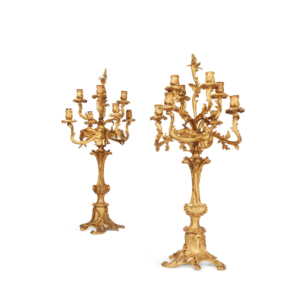 View full screen - View 1 of Lot 156. A Pair of Continental Rococo Revival Gilt Bronze Eight-Light Candelabra, Second Half 19th Century.