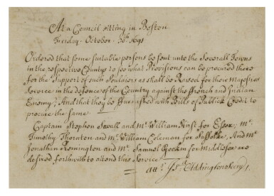 View full screen - View 1 of Lot 59. (KING WILLIAM'S WAR) | Document issued by the Massachusetts (Colony) Council, "At a Council sitting in Boston, Friday, October 30th, 1691".