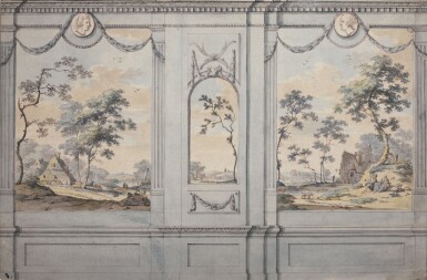 View full screen - View 1 of Lot 367. Study for a wall decoration with peasant houses by a stream.