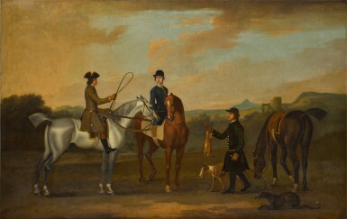 View full screen - View 1 of Lot 138. A coursing party: a lady and gentleman on horseback, a huntsman holding a dead hare with two greyhounds in a wooded landscape.