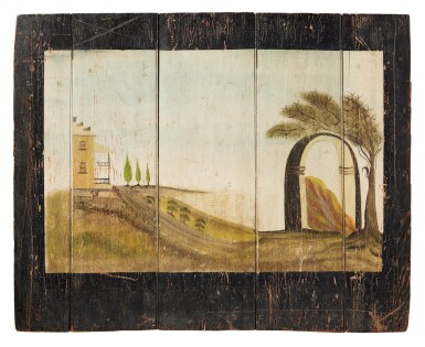 View full screen - View 1 of Lot 274. A Landscape Painted Fireboard, attributed to "The York Artist," York, Pennsylvania, circa 1840.