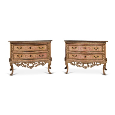 View full screen - View 1 of Lot 614. A Pair of Southern Italian Rococo Painted and Mecca Gilt Commodes, Mid-18th Century .