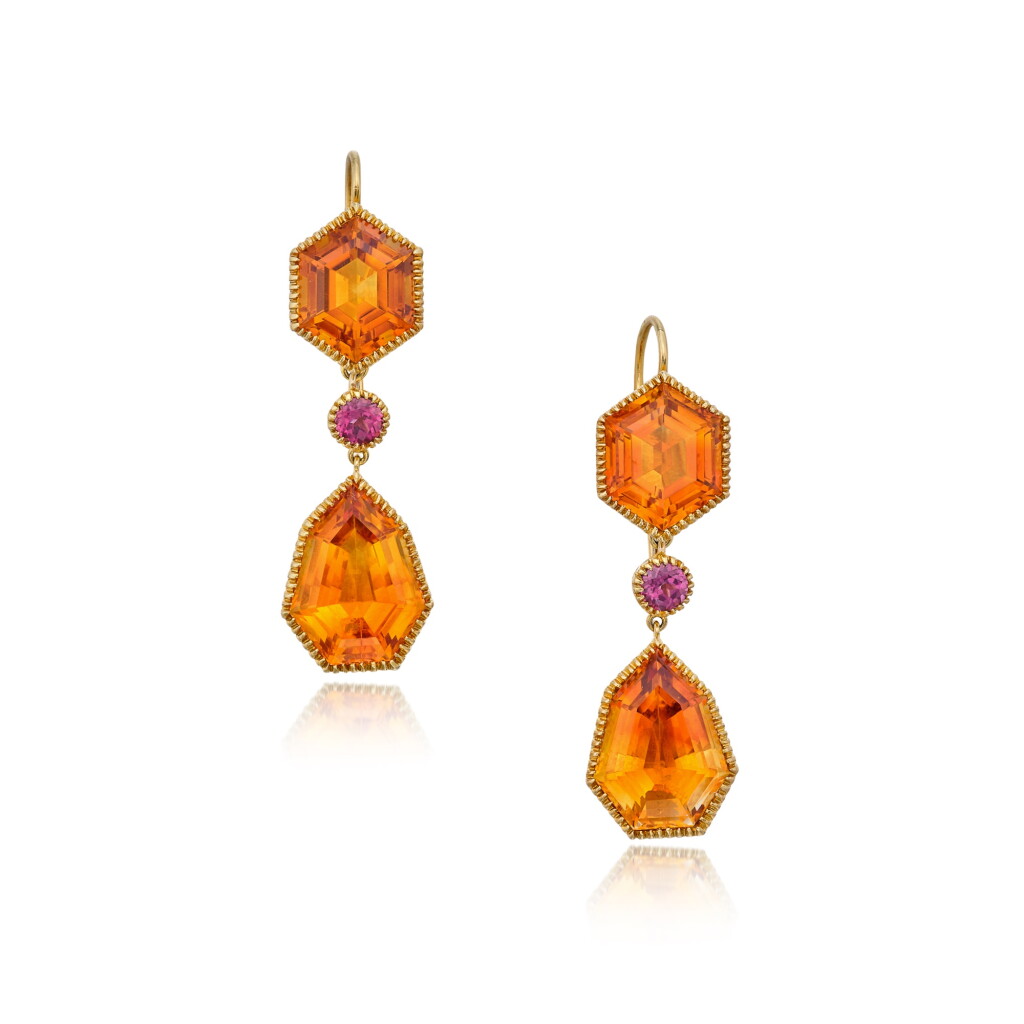View full screen - View 1 of Lot 411. Pair of Citrine and Rhodolite 'Byzantine' Earrings.
