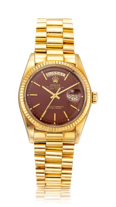 View full screen - View 1 of Lot 8065. ROLEX | DAY-DATE, REFERENCE 1803 | A PINK GOLD WRISTWATCH WITH DAY, DATE, BROWN TOBACCO LACQUERED STELLA DIAL AND BRACELET, CIRCA 1978 | 勞力士 | Day-date 型號1803 粉紅金鏈帶腕錶,備日期、星期顯示及啡色漆製“Stella”錶盤,約1978年製.