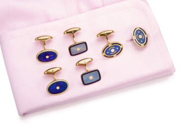 View full screen - View 1 of Lot 1008. FABERGÉ | THREE PAIRS OF ENAMEL AND DIAMOND CUFFLINKS.