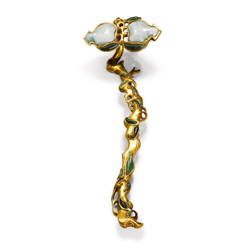 View full screen - View 1 of Lot 80. A jadeite and hardstone-inlaid gilt-bronze ruyi scepter | 銅鎏金嵌百寶如意.