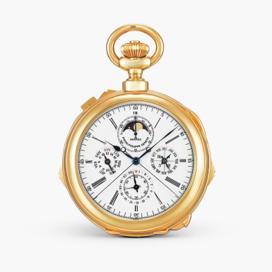 View full screen - View 1 of Lot 2293. Reference 942/2 | A unique and massive yellow gold two-train grande and petite sonnerie minute repeating perpetual calendar split seconds chronograph openface clock watch with moon phases, 24 hour, leap year indication and enamel dial, Made in 1993.