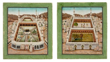 View full screen - View 1 of Lot 79. Mecca and Medina | A pair of panoramic views of Mecca and Medina. Northern India, ?Delhi, circa. 1840.