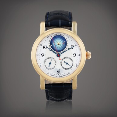 View full screen - View 1 of Lot 460. Planetarium 2000 Montre bracelet en or rose avec mois, date et planétarium représentant la position relative des planètes autour du soleil | Pink gold wristwatch with month, date, and planetarium aperture depicting the relative placement of the planets around the sun Vers 2000 | Circa 2000.