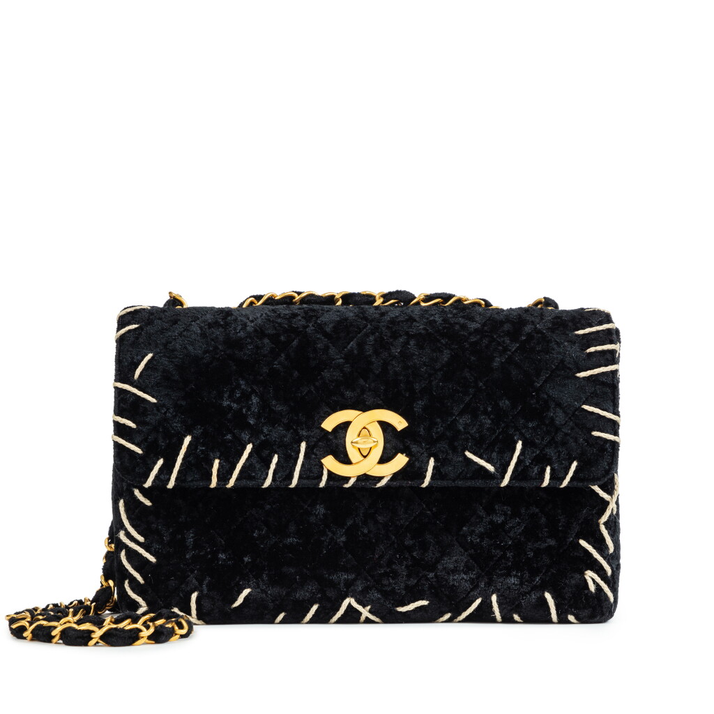 View full screen - View 1 of Lot 320. Vintage Black Velvet Quilted White Contour Sewing Timeless Classic Maxi Single Flap Gold Plated Hardware, 1993.