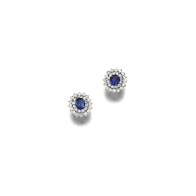 View full screen - View 1 of Lot 184. PAIR OF SAPPHIRE AND DIAMOND EARRINGS.