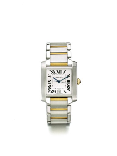 View full screen - View 1 of Lot 67. CARTIER | TANK FRANÇAISE REF 2302 A STAINLESS STEEL AND YELLOW GOLD RECTANGULAR AUTOMATIC CENTER SECONDS WRISTWATCH WITH DATE AND BRACELET CIRCA 2005.