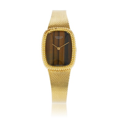 View full screen - View 1 of Lot 452. Sarcar | Montre bracelet de dame œil-de-tigre et or | Lady's tiger's eye and gold bracelet watch.