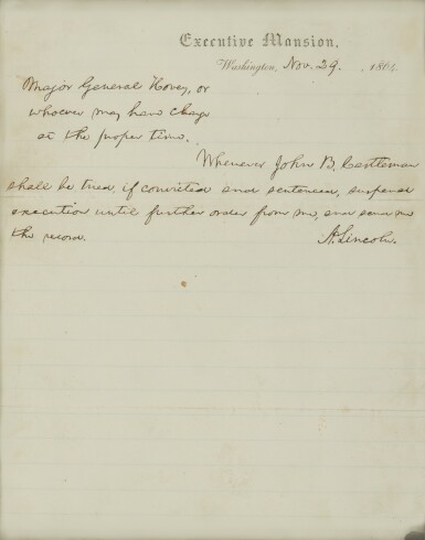 View full screen - View 1 of Lot 14. Lincoln, Abraham | A contingency stay of execution for a fellow Kentuckian.
