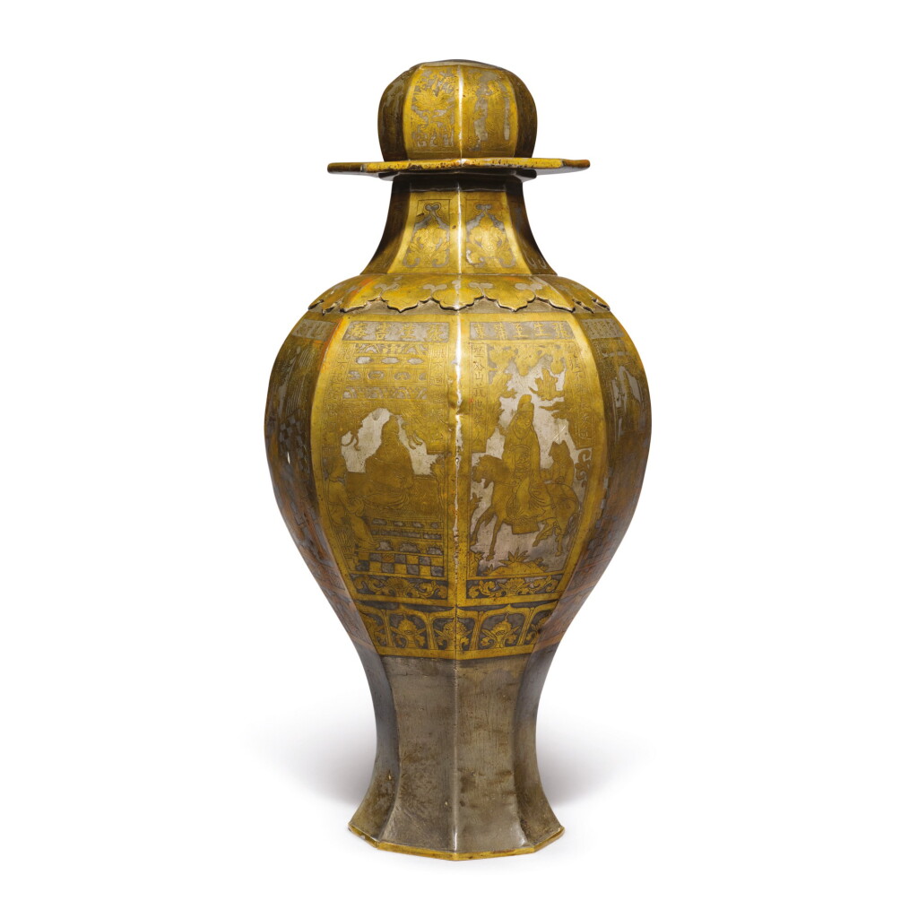 View full screen - View 1 of Lot 622. A BRONZE-INLAID PEWTER 'ROMANCE OF THE WESTERN CHAMBER' OCTAGONAL VASE AND COVER, MING DYNASTY, DATED SIXTH YEAR OF WANLI PERIOD, CORRESPONDING TO 1578.
