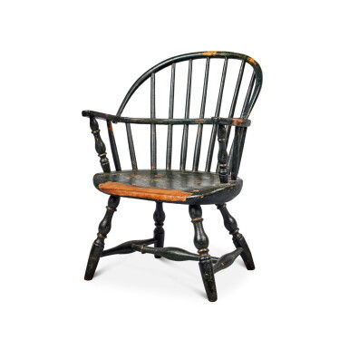 View full screen - View 1 of Lot 41. Fine and Rare Child's Green-Painted Sack-Back Windsor Armchair, Connecticut, circa 1785.
