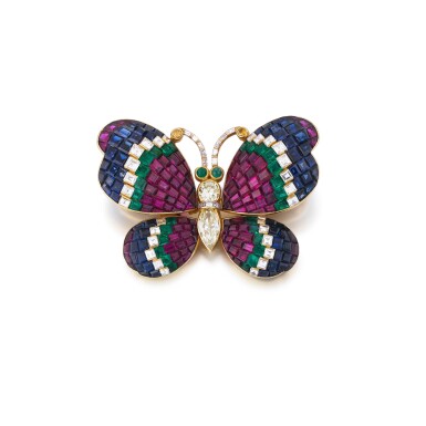 View full screen - View 1 of Lot 189. Broche pierres de couleur, diamants jaunes et diamants | Gem-set, yellow diamond and diamond brooch.
