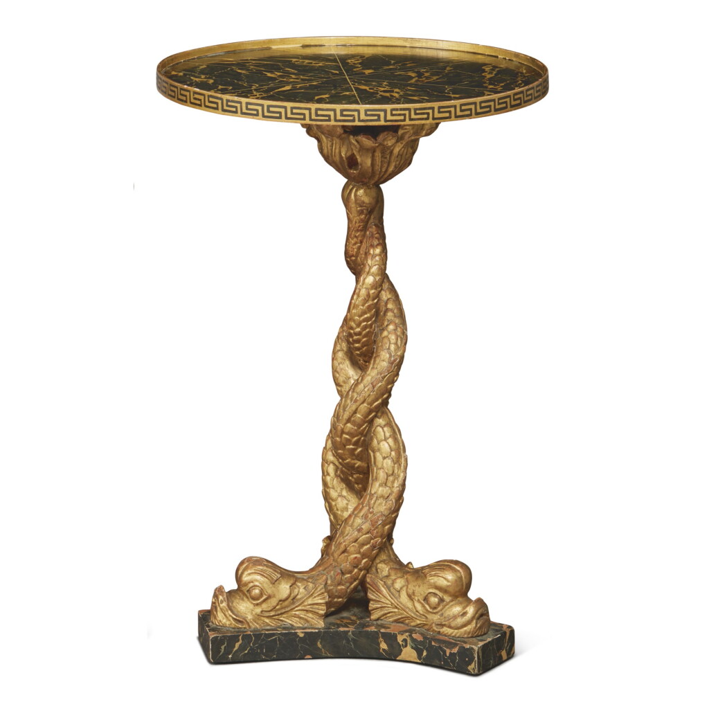 View full screen - View 1 of Lot 20. A REGENCY REVIVAL GILTWOOD AND SIMULATED MARBLE DOLPHIN GUERIDON, EARLY 20TH CENTURY.