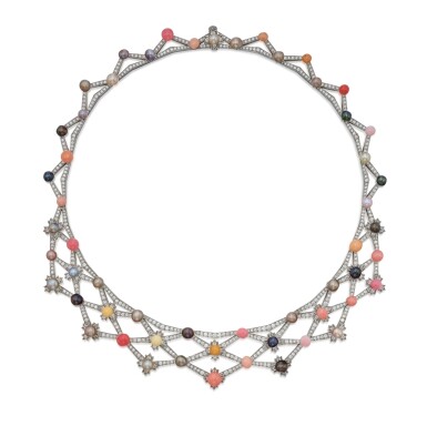 View full screen - View 1 of Lot 146. Pearl, Conch Pearl, Melo Pearl and Diamond 'Lattice' Necklace.