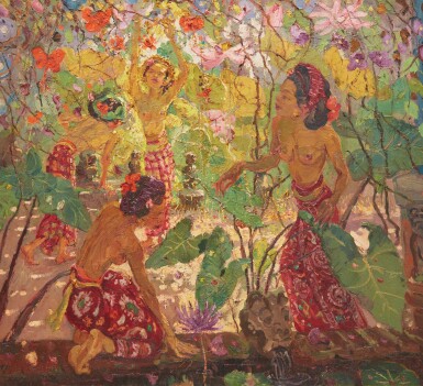 View full screen - View 1 of Lot 1040. Adrien Jean Le Mayeur de Merprès 勒邁耶 | Balinese garden with ladies 峇里花園與園中女子.