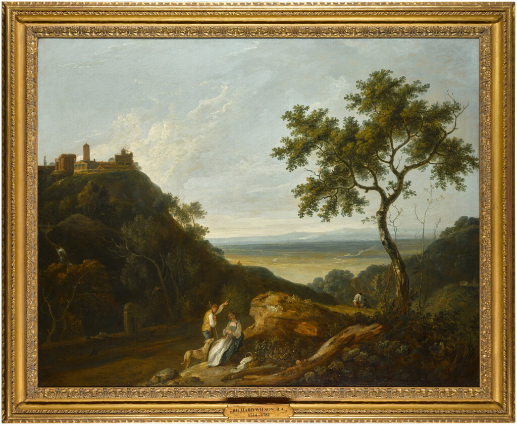 View full screen - View 1 of Lot 66. An extensive Italianate landscape with figures in the foreground, and a classical villa on a mountain top in the background.