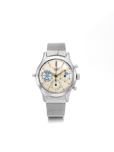 View full screen - View 1 of Lot 49. HEUER | REFERENCE 2444 MAREOGRAPHE A STAINLESS STEEL CHRONOGRAPH WRISTWATCH WITH TIDAL INDICATION, REGISTERS AND BRACELET, CIRCA 1960.