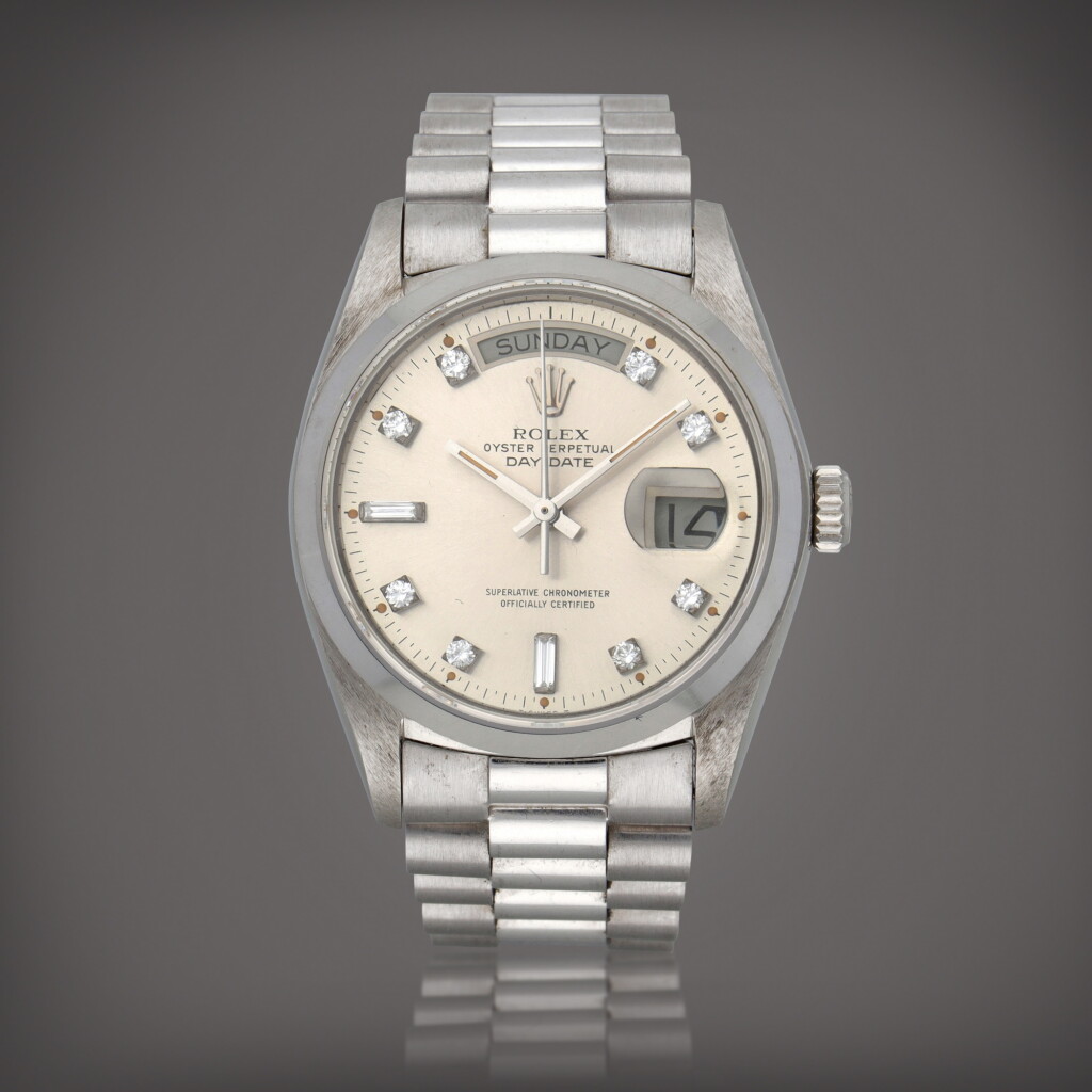 View full screen - View 1 of Lot 24. Day-Date, Reference 18026 A platinum wristwatch with day, date and bracelet Circa 1979 | 勞力士 | Day-Date 型號 18026 鉑金鍊帶腕錶備星期及日期顯示,製作年份約 1979.