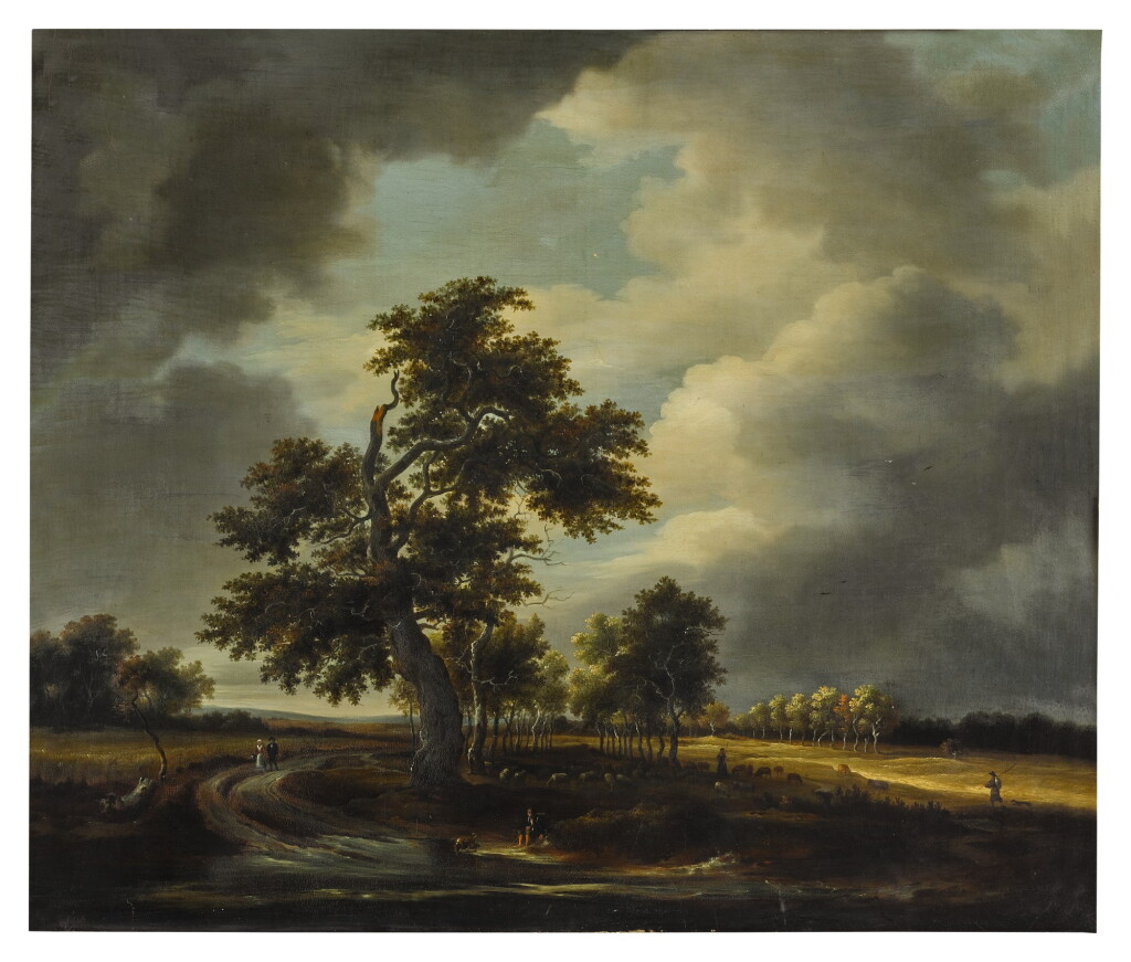 View full screen - View 1 of Lot 48. Stormy landscape with lines of trees behind a large oak, figures and livestock and a stream.
