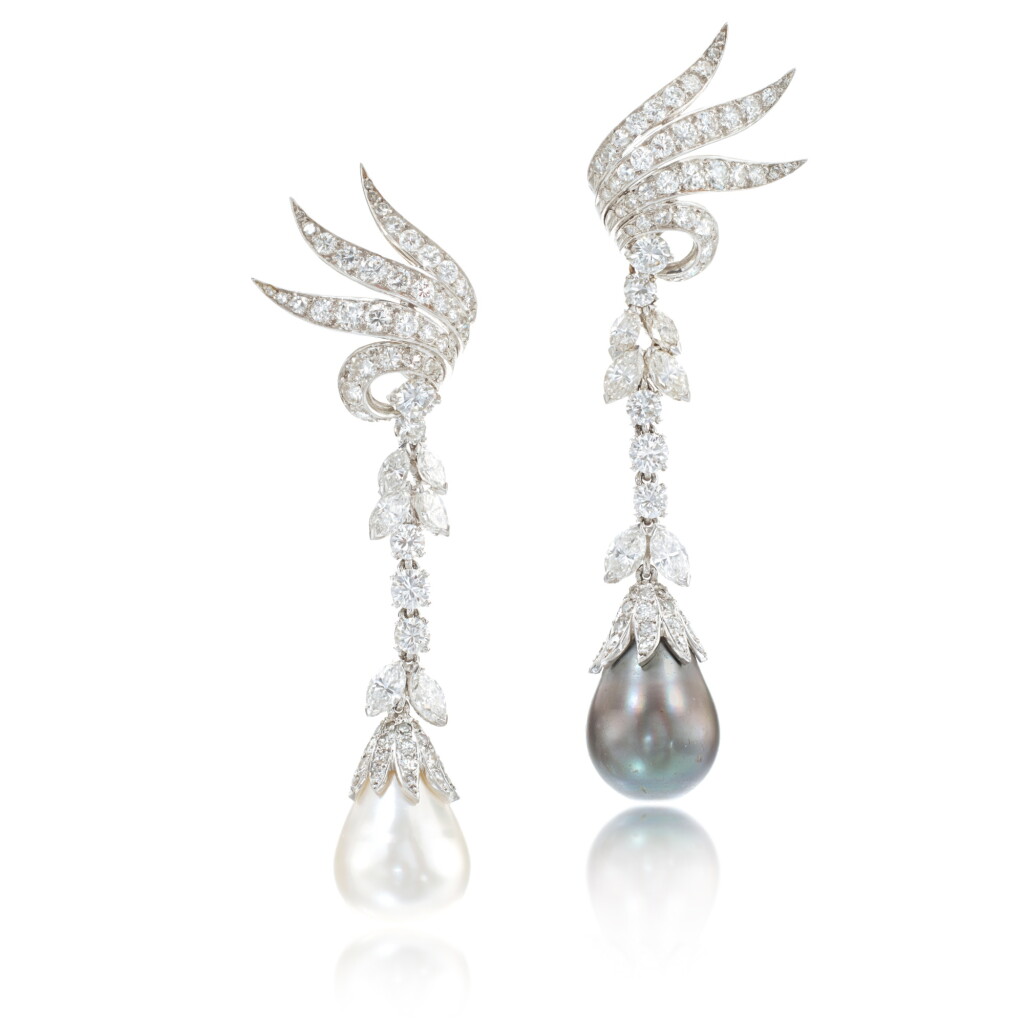 View full screen - View 1 of Lot 879. Pair of cultured pearl and diamond pendent earrings, 1960s.