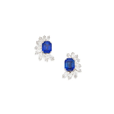 View full screen - View 1 of Lot 533. Pair of Sapphire and Diamond Earclips | 藍寶石配鑽石耳環一對.