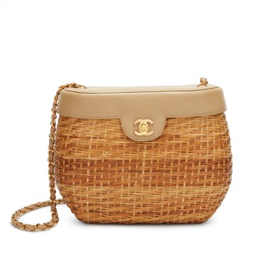 View full screen - View 1 of Lot 146. Beige Lambskin Leather and Natural Wicker CC Basket Bag Gold Hardware, 1997-1999.