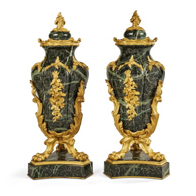 View full screen - View 1 of Lot 335. A Pair of Louis XV Style Gilt-Bronze Mounted Verde Antico Marble Vases and Covers, Circa 1880 .