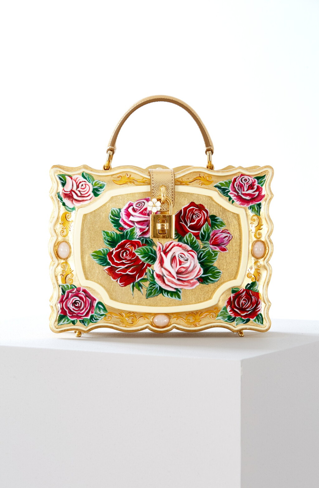 View full screen - View 1 of Lot 43. Enamel Flower Embellished Limited Edition Box Bag in Golden Hand-Painted Wood with Vintage Plated Brass Hardware, Spring/Summer 2021.