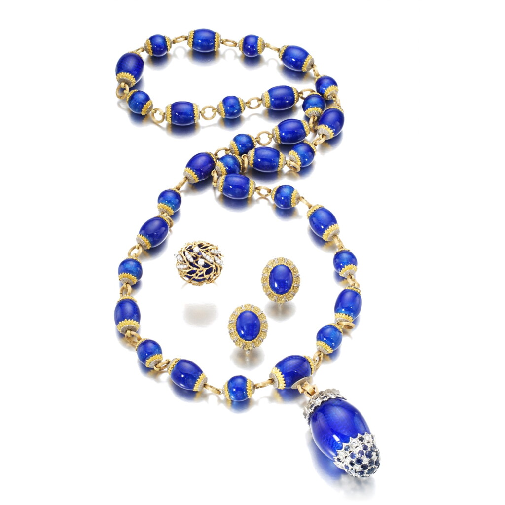 View full screen - View 1 of Lot 1082. Enamel, diamond and sapphire demi-parure, Meister, and a ring.