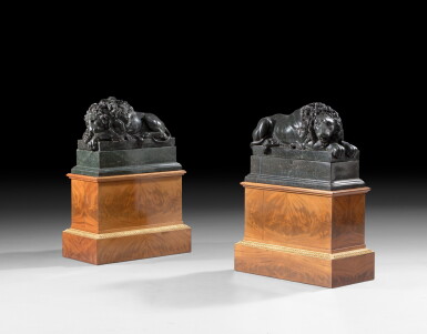 View full screen - View 1 of Lot 148. Italian, 19th century, after a model by Antonio Canova (1757-1822) A pair of lying lions | Italie, XIXe siècle, d'après un modèle d'Antonio Canova (1757-1822) Paire de lions couchés,.