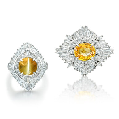 View full screen - View 1 of Lot 1675. Coloured Sapphire and Diamond Brooch and Cat’s Eye Chrysoberyl and Diamond Ring | 彩色剛玉 配 鑽石 胸針 及 金綠貓眼石 配 鑽石 戒指.