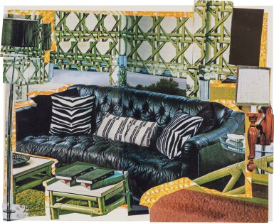 View full screen - View 1 of Lot 20. Interior: Black Couch With Zebra Pillows.