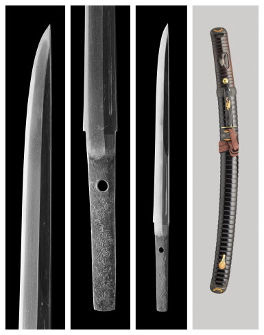 View full screen - View 1 of Lot 58. A Kikuchi yari mounted as a wakizashi | Signed Fujiwara Tomimitsu | Edo period, 18th century.