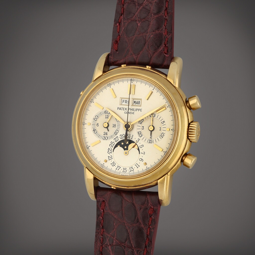 View full screen - View 1 of Lot 74. Reference 3971 'Snap-on back' | A yellow gold perpetual calendar chronograph wristwatch with moon phases, 24 hours and leap year indication | Made in 1987 | 百達翡麗 | 型號3971黃金 | 萬年曆計時腕錶,備月相、24小時、閏年顯示及撳扣式錶背蓋,製作年份1987.