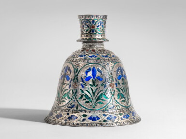 View full screen - View 1 of Lot 651. An Enamelled Silver Huqqa Base, India, Lucknow, Late 18th Century.